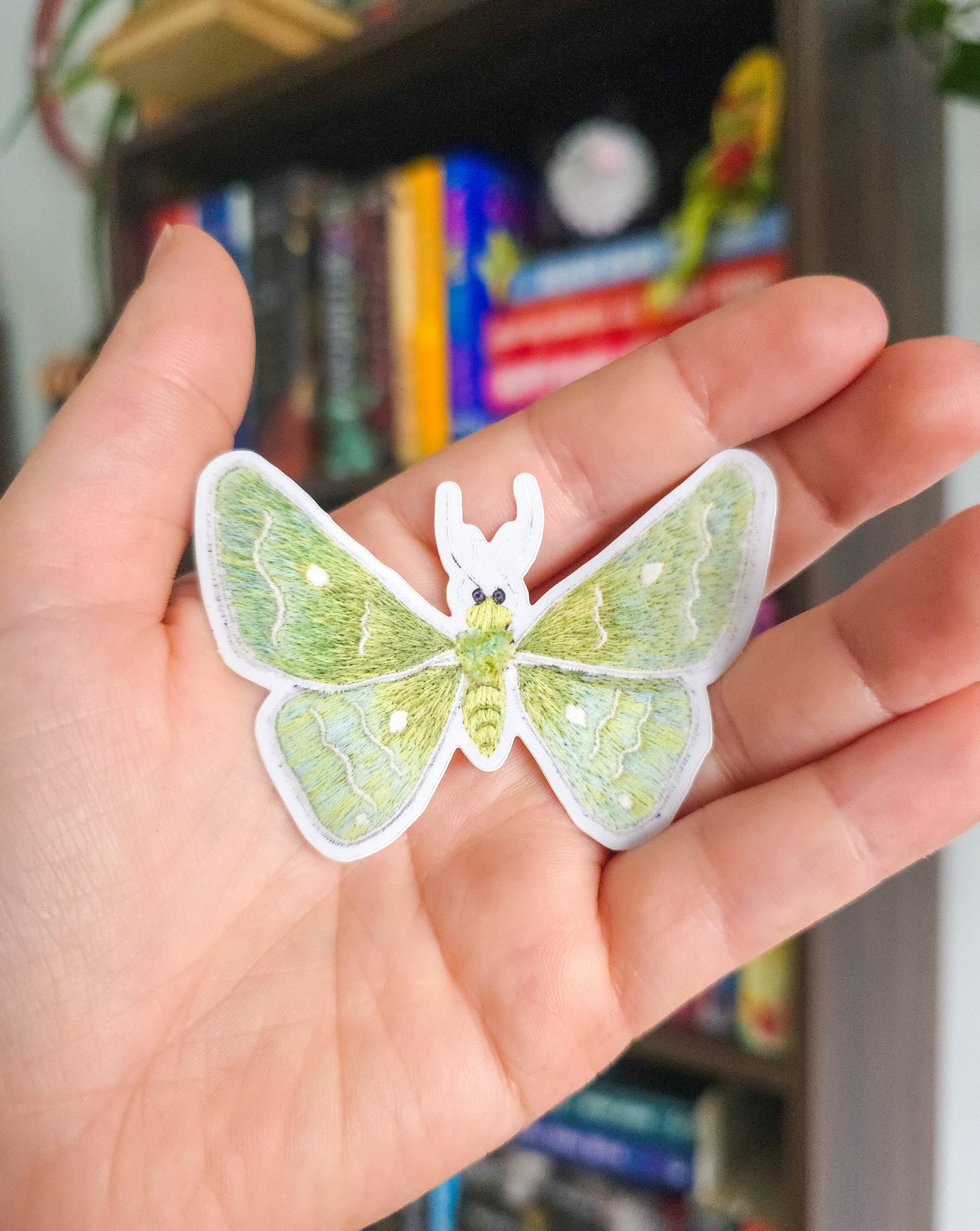 Hand Embroidered Emerald Moth Vinyl Sticker, Stumpwork Embroidery