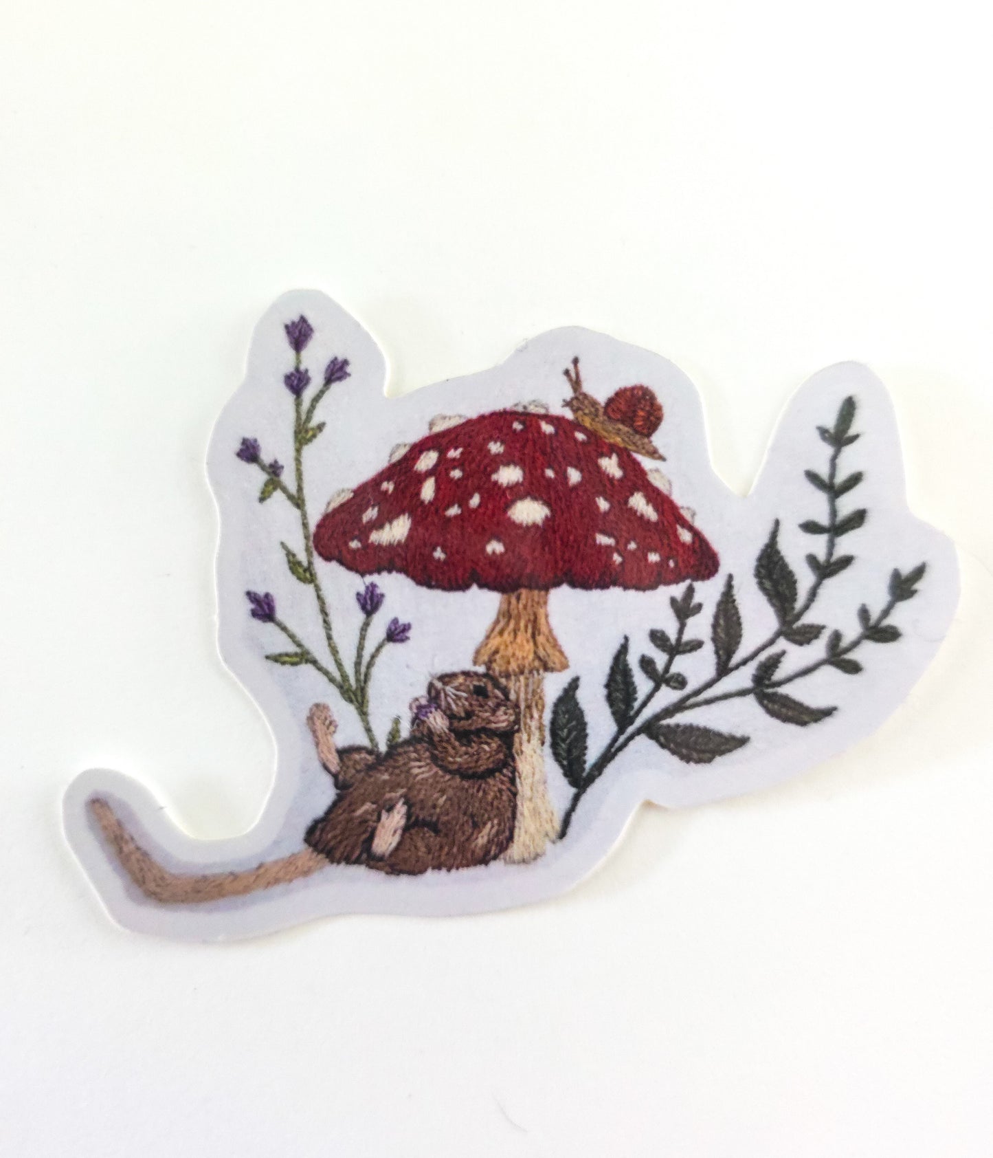 Hand Embroidered Mouse & Mushroom Vinyl Sticker, Rat Sticker