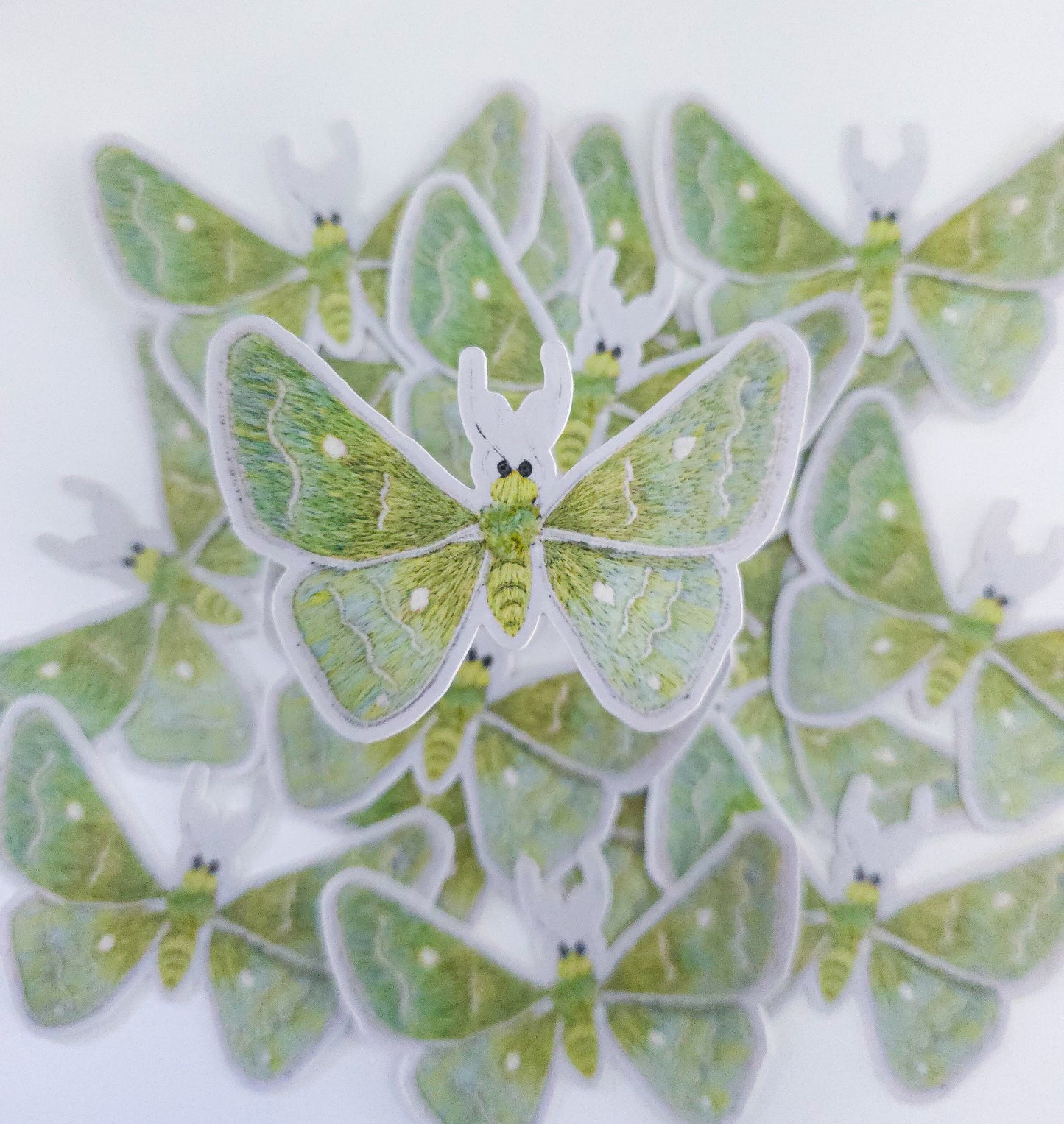 Hand Embroidered Emerald Moth Vinyl Sticker, Stumpwork Embroidery