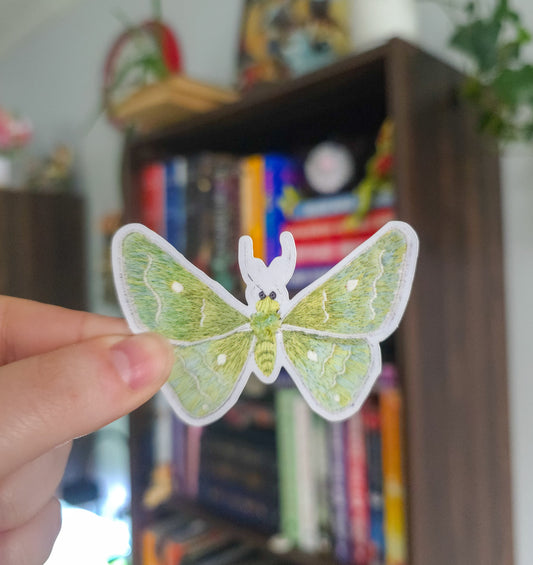 Hand Embroidered Emerald Moth Vinyl Sticker, Stumpwork Embroidery