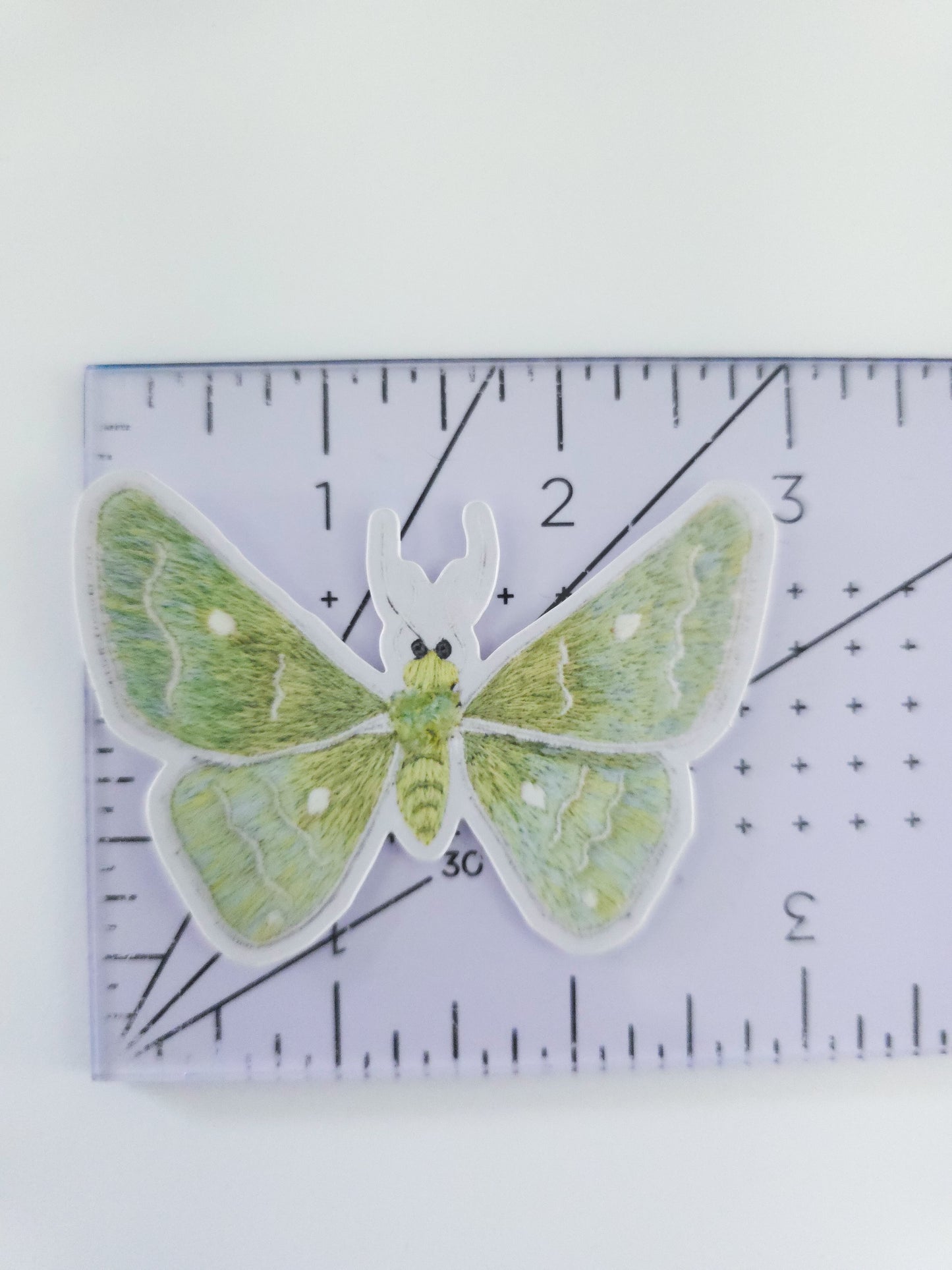 Hand Embroidered Emerald Moth Vinyl Sticker, Stumpwork Embroidery