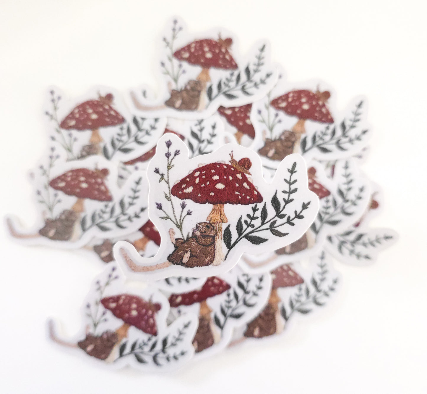 Hand Embroidered Mouse & Mushroom Vinyl Sticker, Rat Sticker