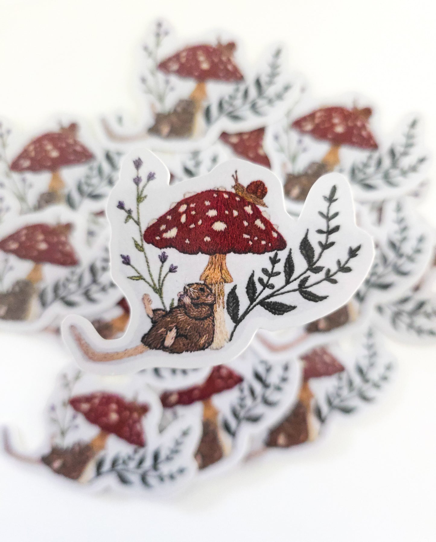Hand Embroidered Mouse & Mushroom Vinyl Sticker, Rat Sticker