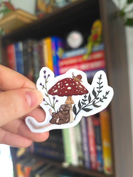 Hand Embroidered Mouse & Mushroom Vinyl Sticker, Rat Sticker