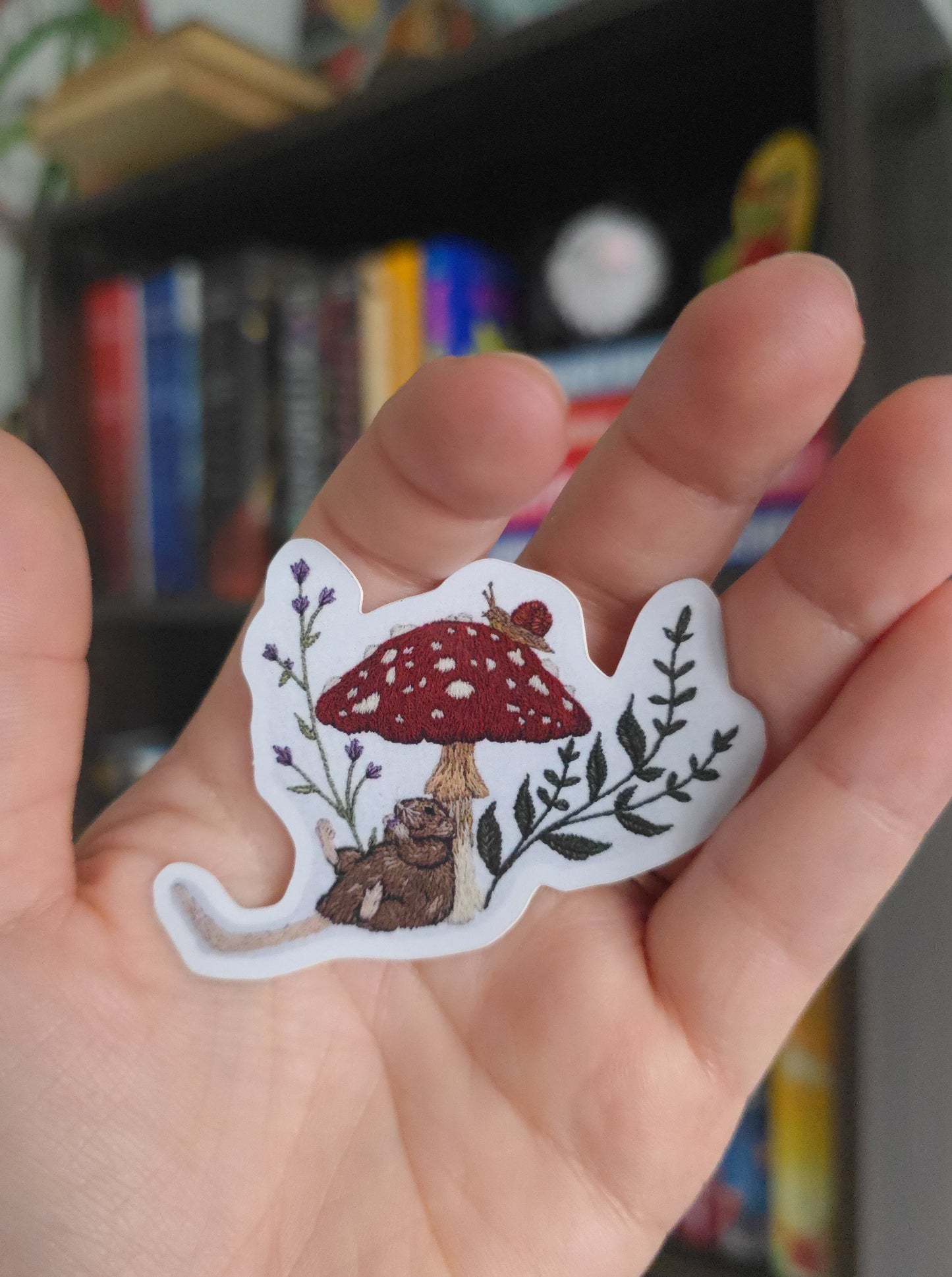 Hand Embroidered Mouse & Mushroom Vinyl Sticker, Rat Sticker