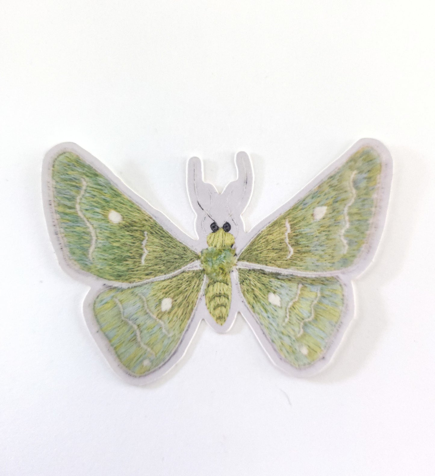 Hand Embroidered Emerald Moth Vinyl Sticker, Stumpwork Embroidery