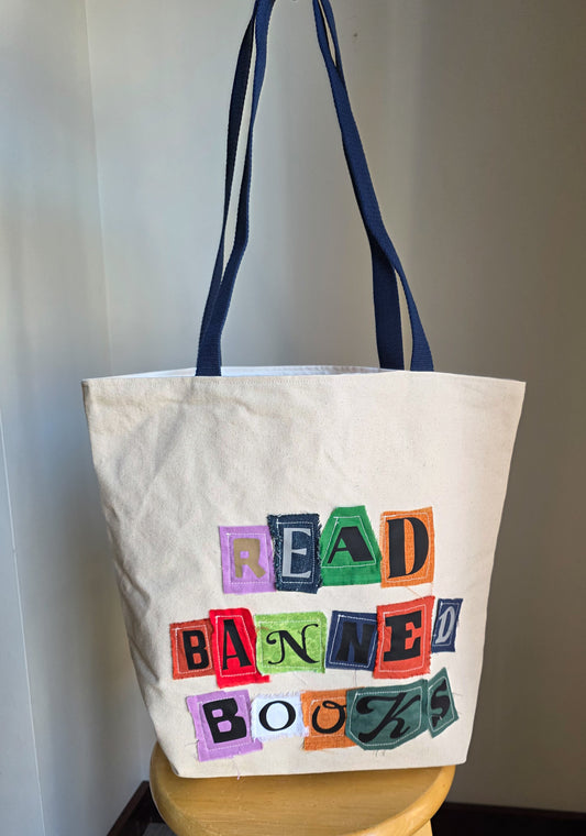 "Read Banned Books" Tote Bag w/ Blue Straps