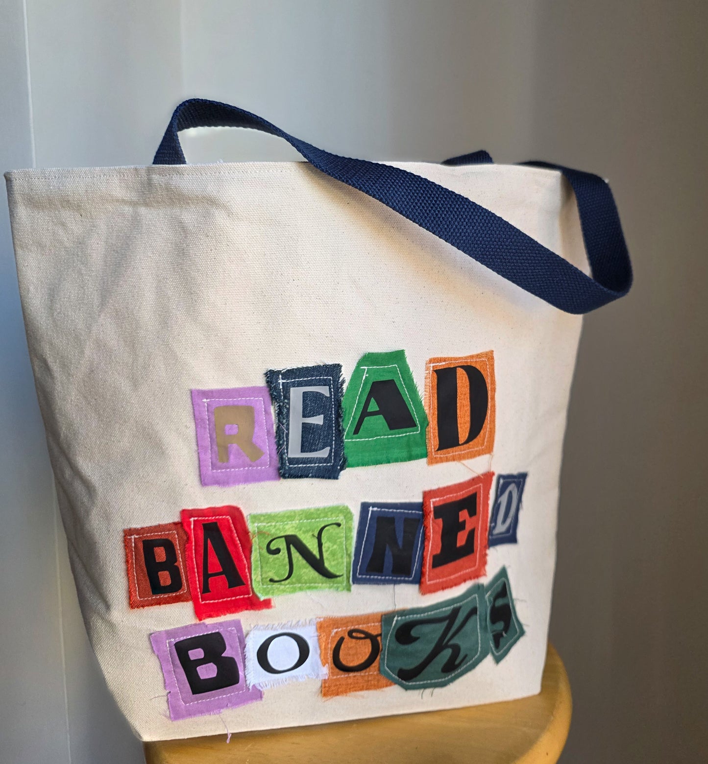 "Read Banned Books" Tote Bag w/ Blue Straps