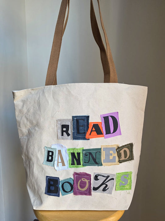 "Read Banned Books" Tote Bag w/ Brown Straps