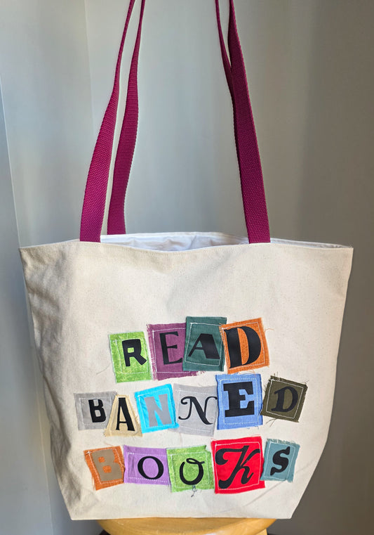 "Read Banned Books" Tote Bag w/ Magenta Straps