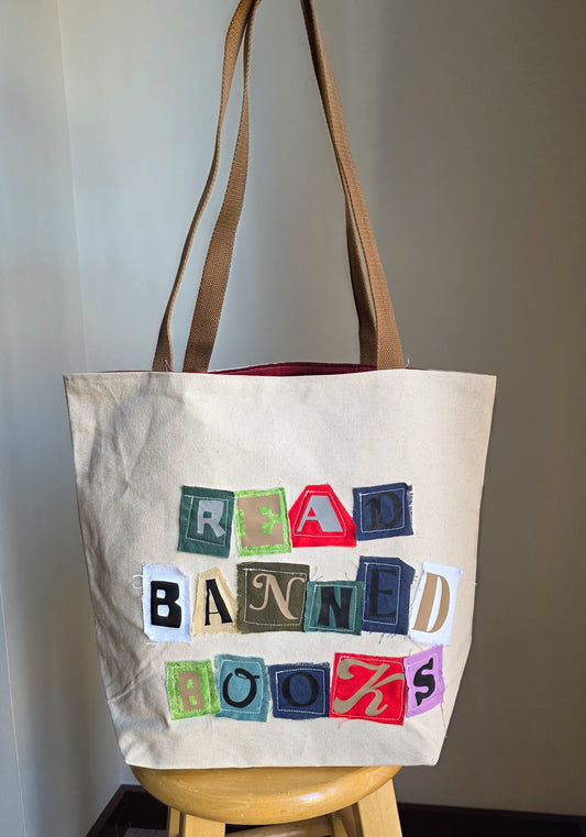 "Read Banned Books" Tote Bag w/ Brown Straps