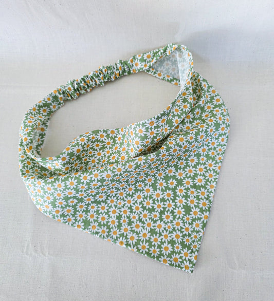 Green Daisy Floral Print Cotton Elastic Hair Bandana