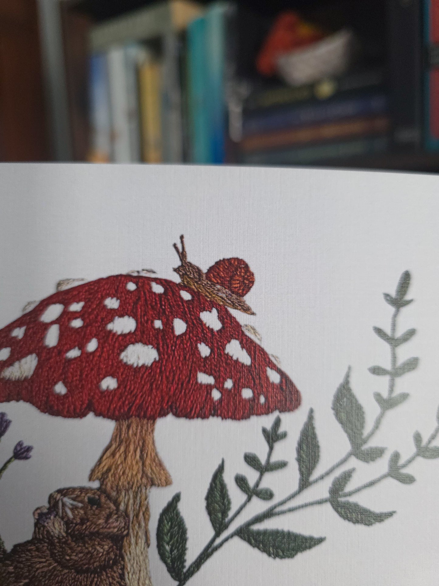 A close-up of a white paper surface featuring a printed woodland artwork, including a red mushroom with white spots, green leaves, and a small brown rat, with a blurred indoor background of books and shelves.