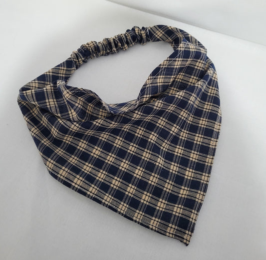Blue and Tan Plaid Elastic Hair Bandana