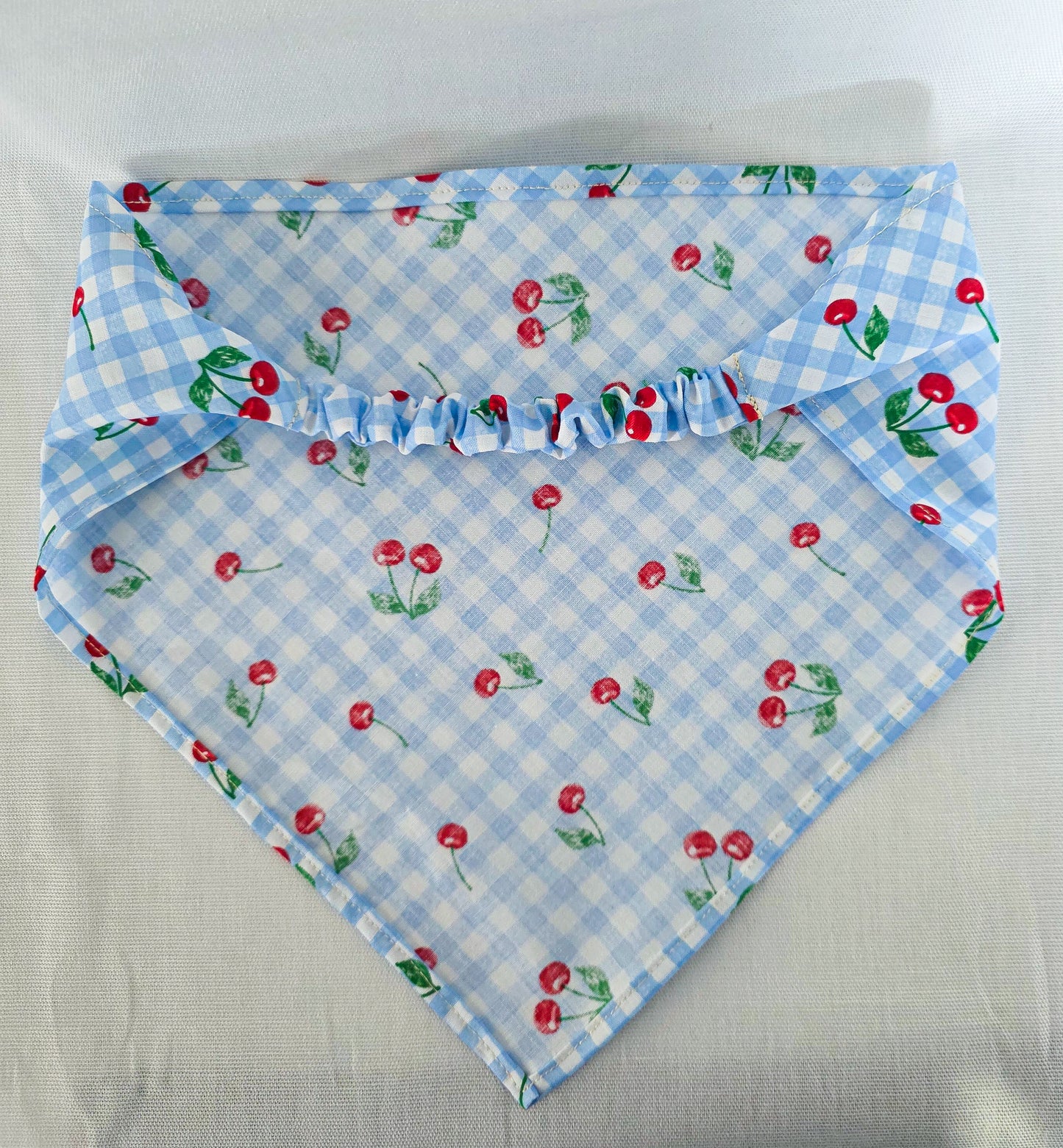 Blue Gingham and Cherry Print Elastic Hair Bandana