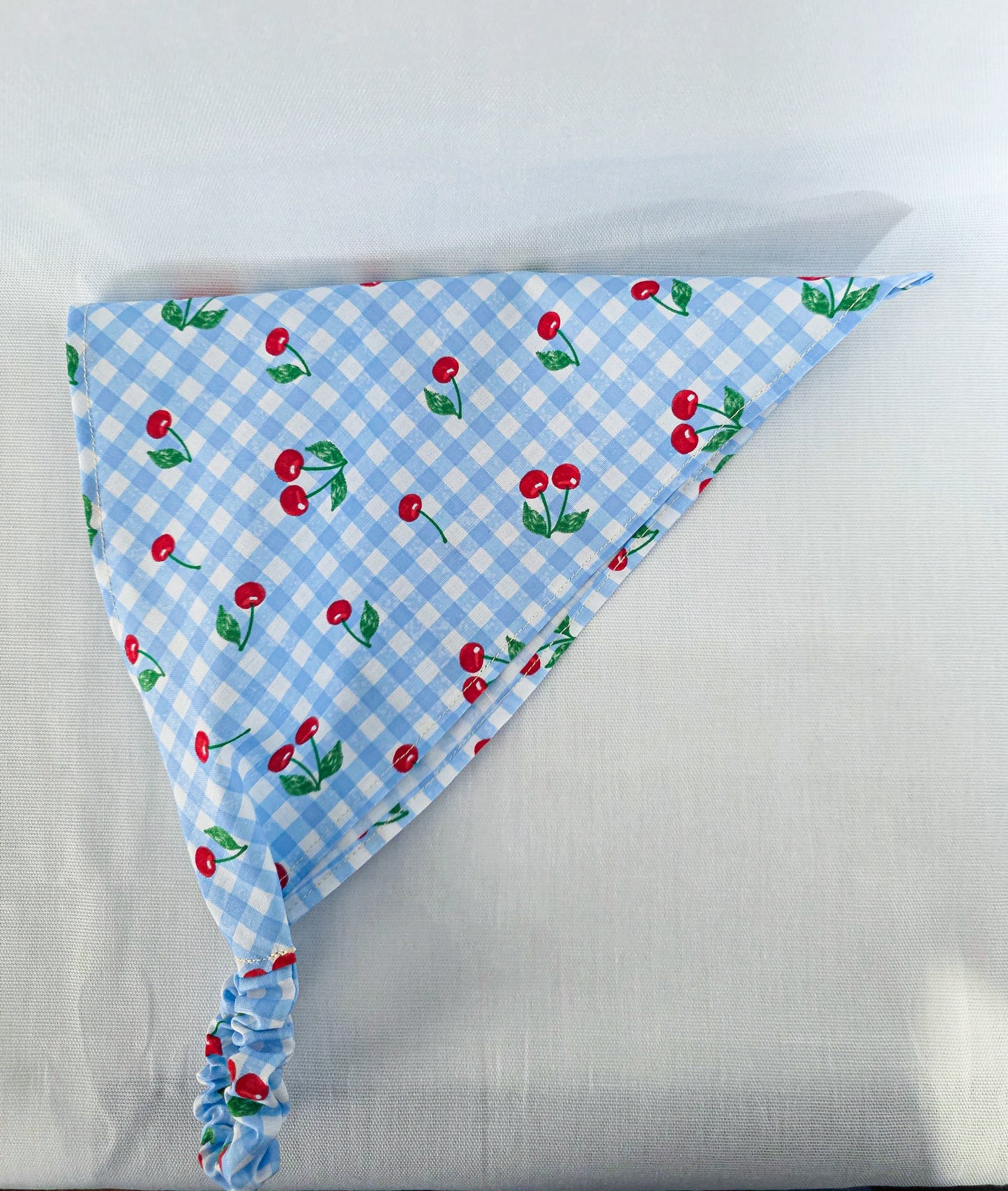 Blue Gingham and Cherry Print Elastic Hair Bandana