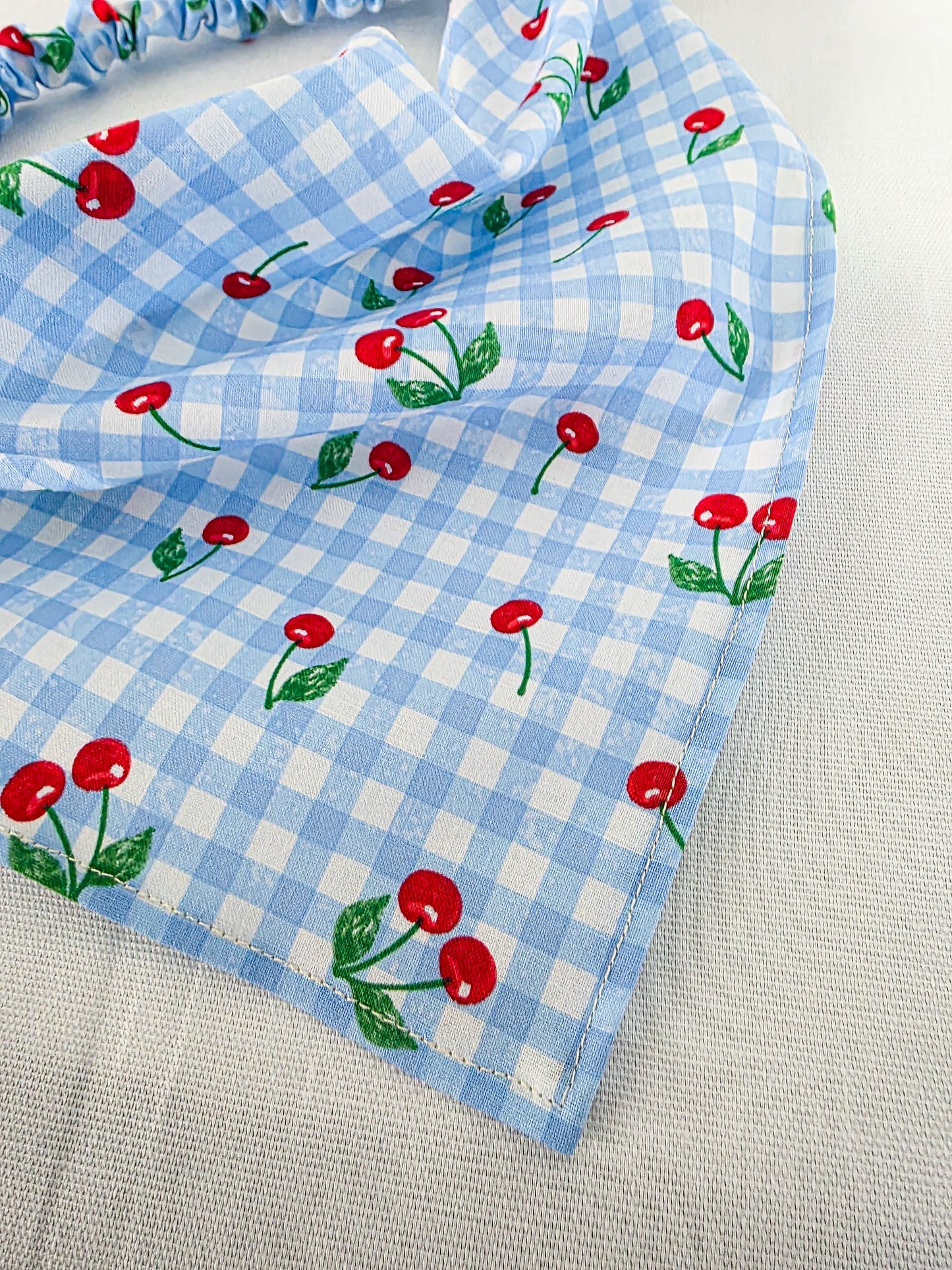 Blue Gingham and Cherry Print Elastic Hair Bandana
