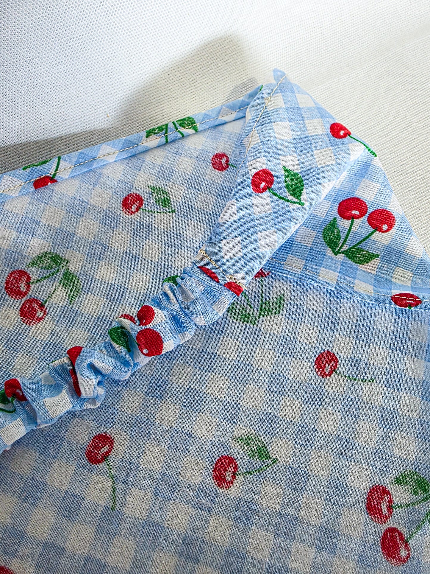 Blue Gingham and Cherry Print Elastic Hair Bandana