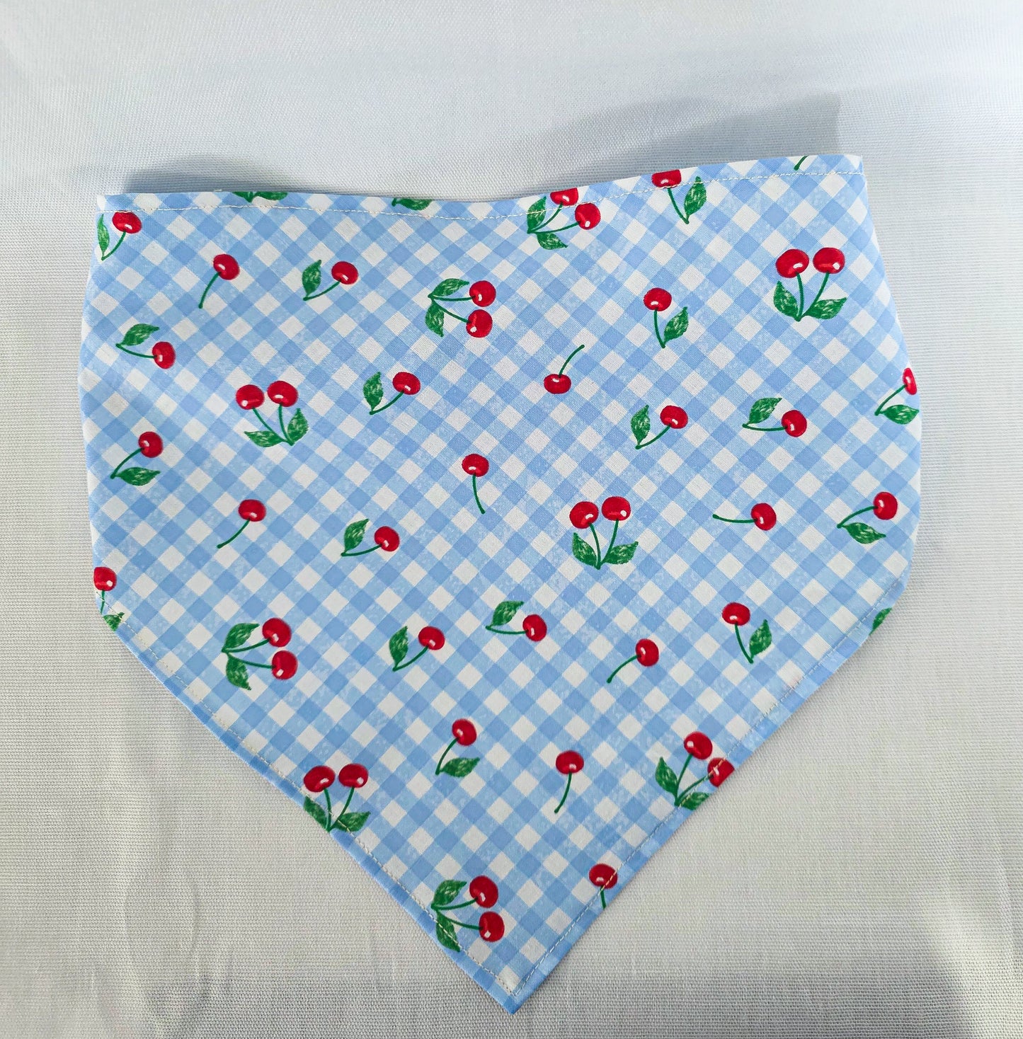 Blue Gingham and Cherry Print Elastic Hair Bandana