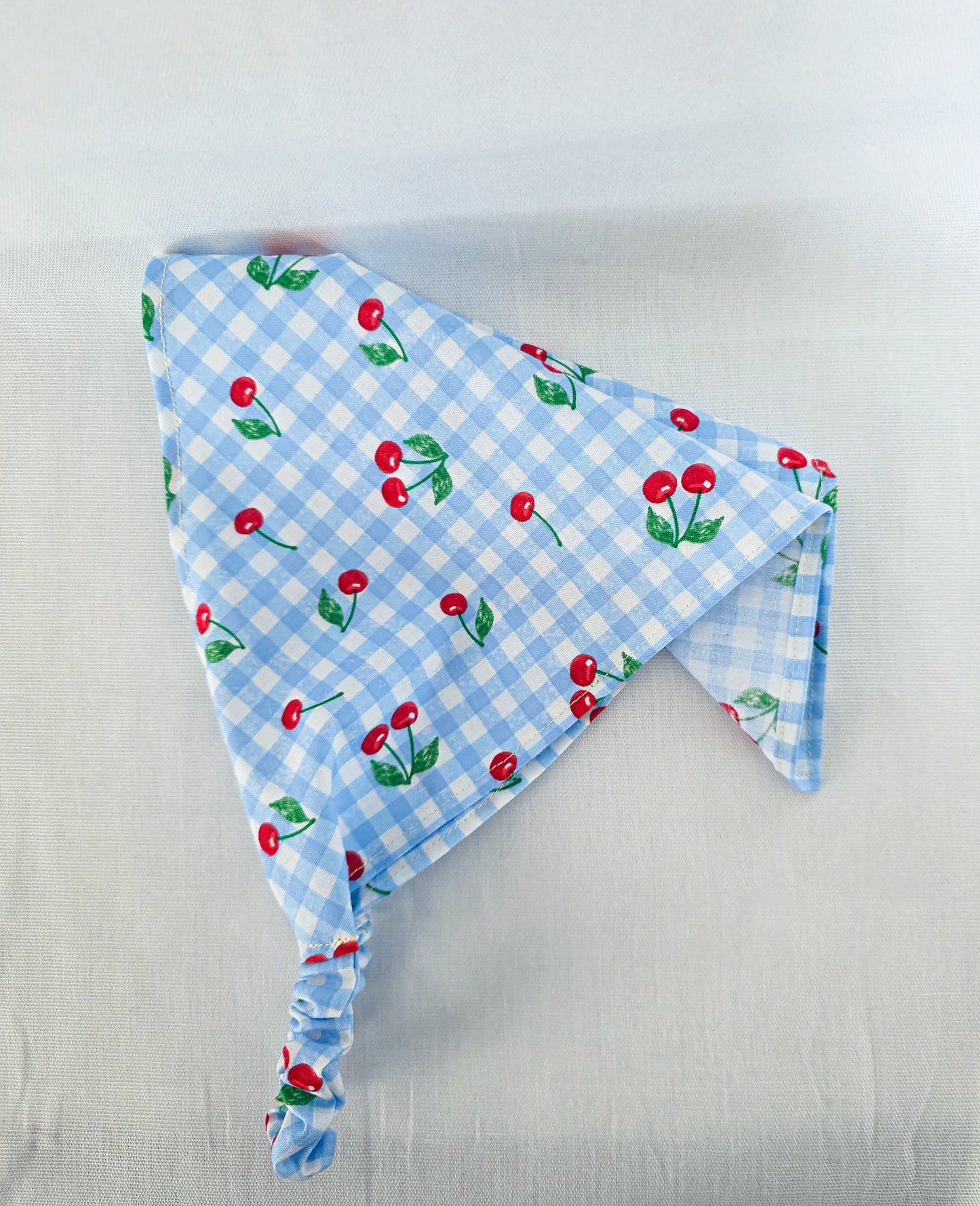 Blue Gingham and Cherry Print Elastic Hair Bandana