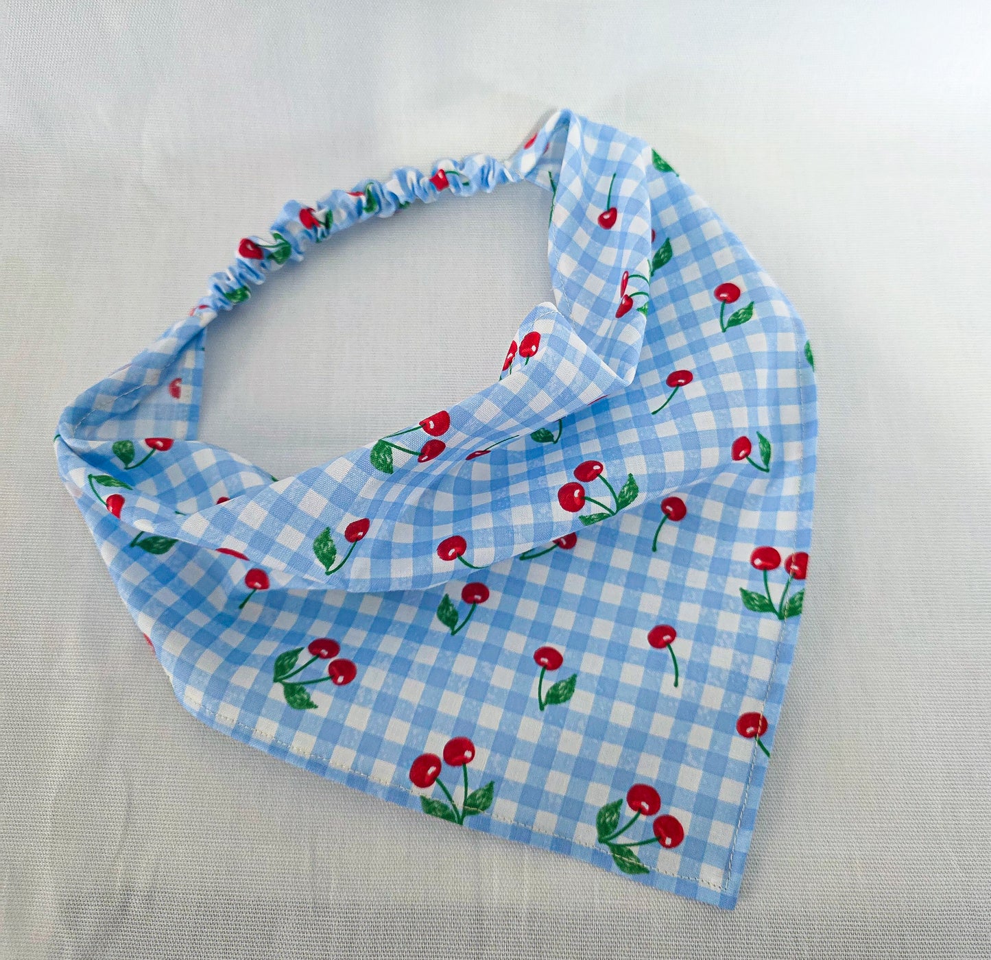 Blue Gingham and Cherry Print Elastic Hair Bandana
